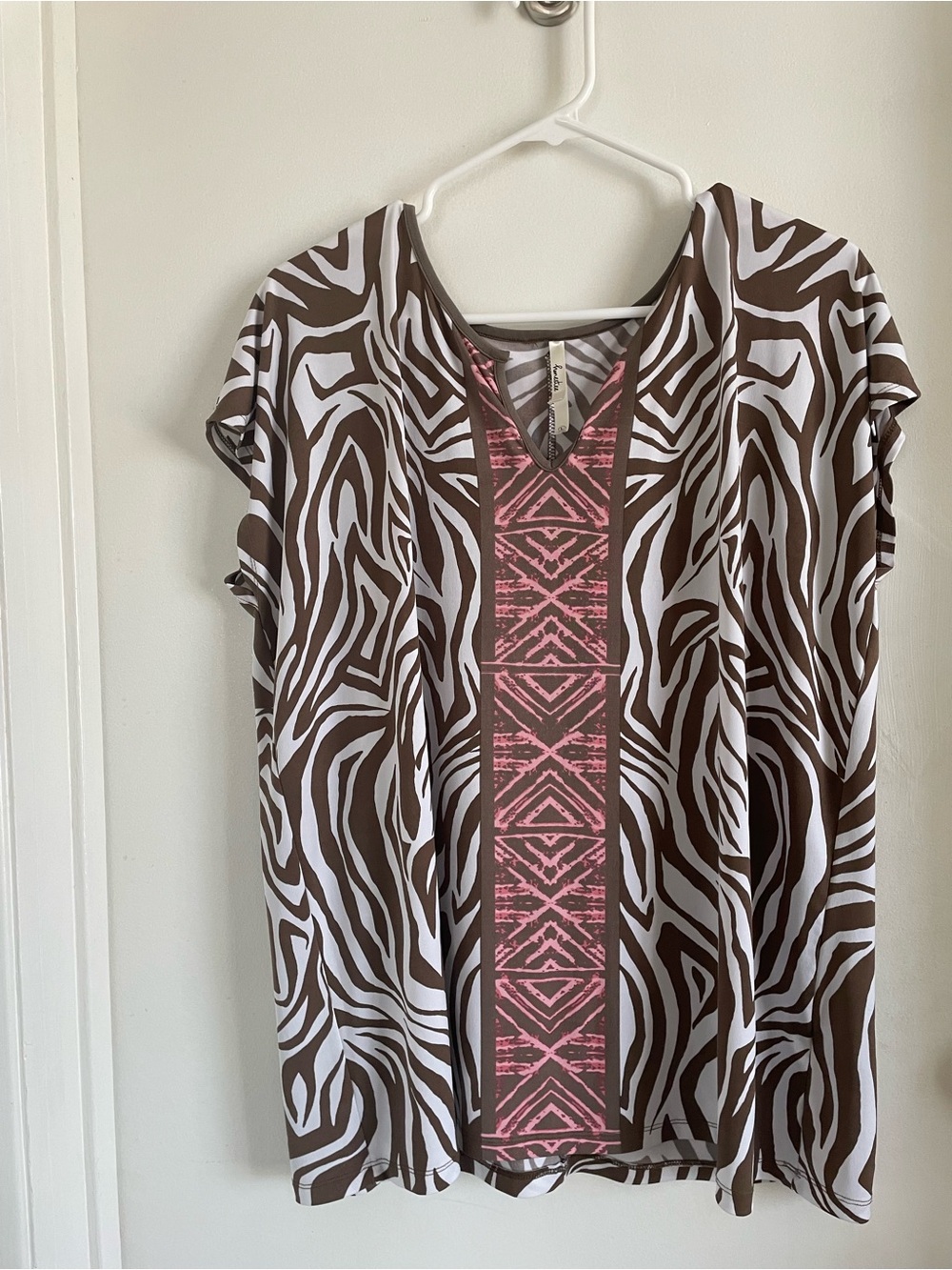 Brown & White Zebra-Print Women's Blouse with Pink Center Panel